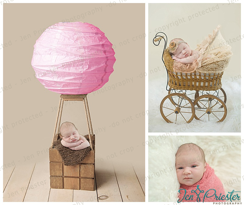 Newborn girl sleeping in hot air balloon prop in michigan