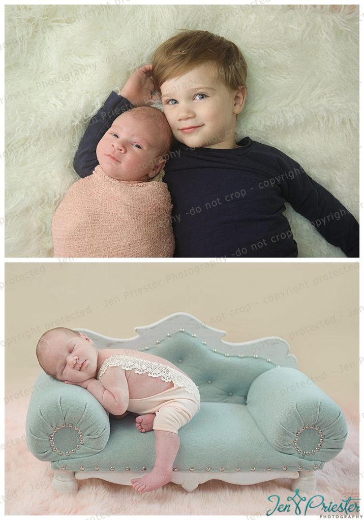 Big brother and little newborn sister and couch prop