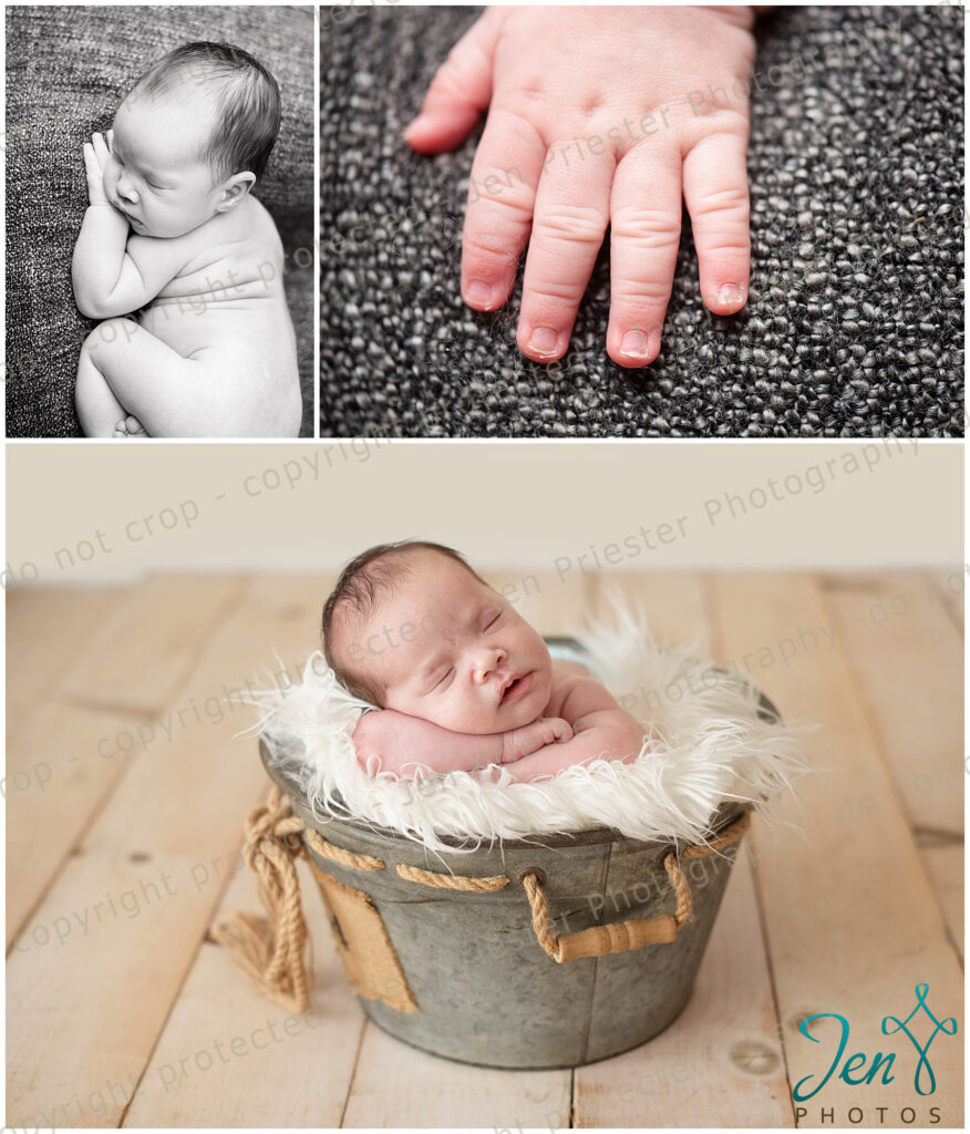 Greenville South Carolina Newborn Photography closeup of baby hand and baby in bucket