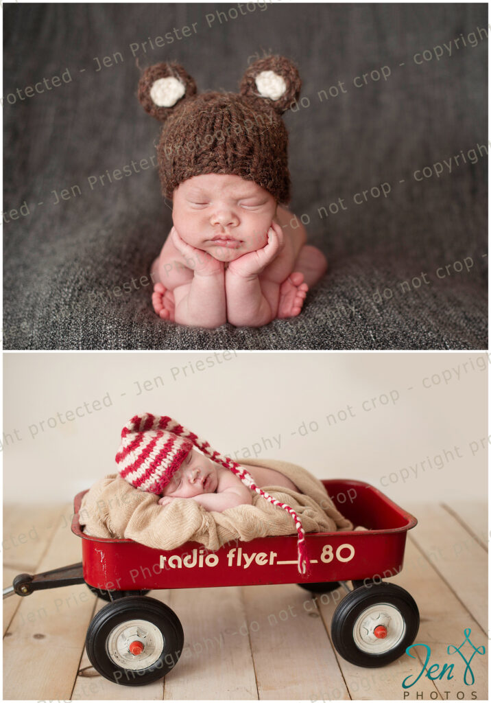 Greenville South Carolina Newborn Photographer radio flyer wagon prop newborn in knit bear hat