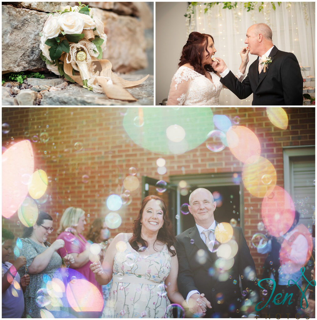 A bride and groom leaving for the honeymoon with bubbles being blown all around them
