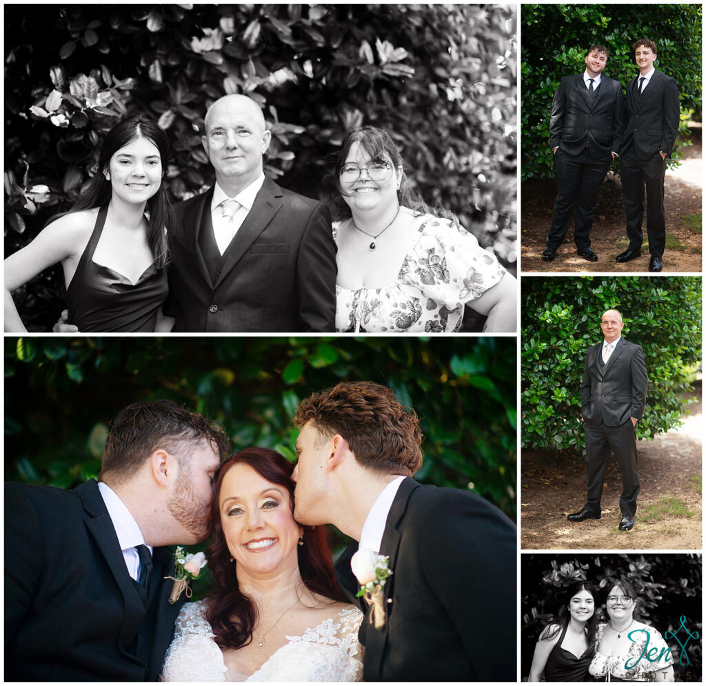 a bride with her sons and a groom with his daughters 