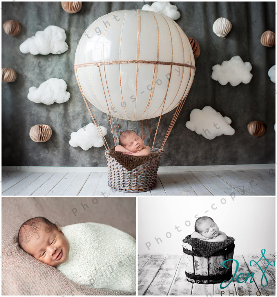 Newborn baby in hot air balloon prop and bucket for newborn photoshoot by Jen Photos, Upstate Newborn Photographer in Greenville, SC