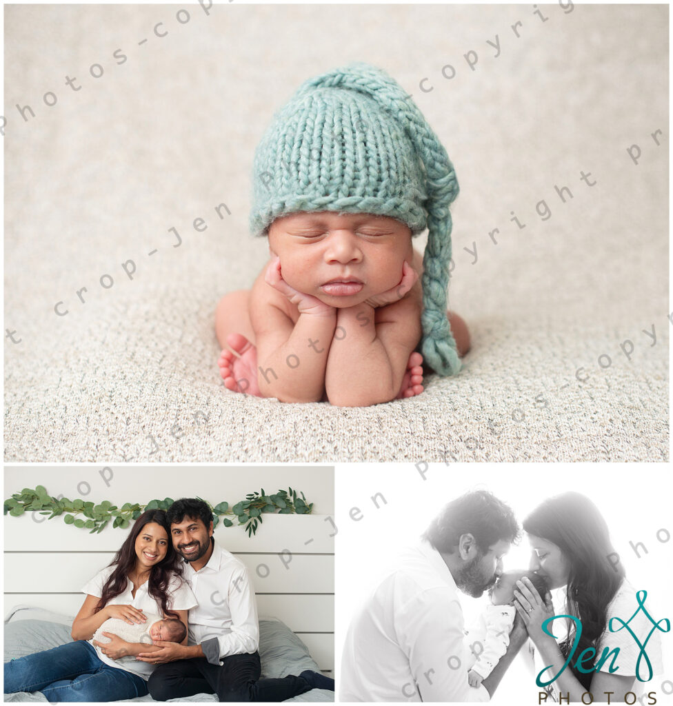 Newborn baby with mom and dad and in froggy pose for newborn photoshoot by Jen Photos, Upstate Newborn Photographer in Greenville, SC