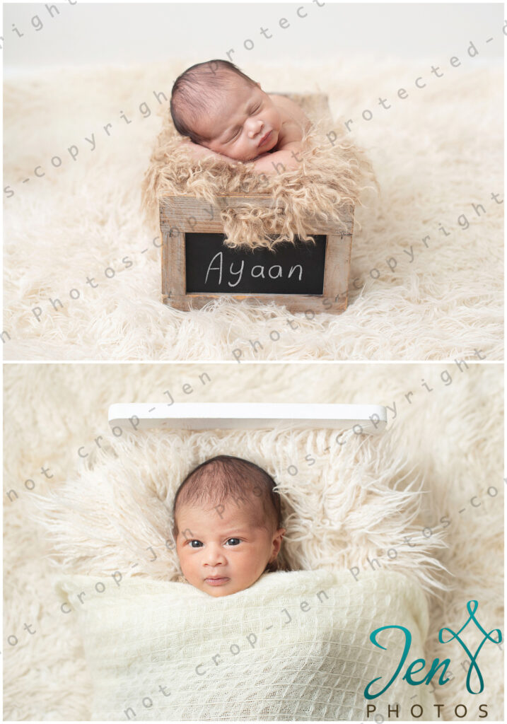 Awake Newborn baby in a bed prop and sleeping in a crate with his name written in chalk for newborn photoshoot by Jen Photos, Upstate Newborn Photographer in Greenville, SC