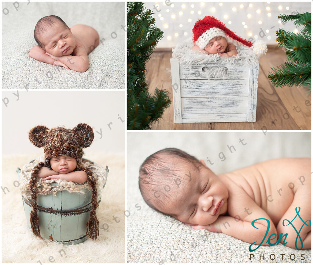 Newborn baby in santa hat and in a bear hat in a bucket for newborn photoshoot by Jen Photos, Upstate Newborn Photographer in Greenville, SC